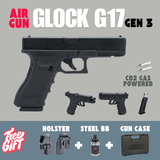 Air Gun Pistol Glock G17 Gen 3 Full Metal Body CO2 Blowback .177 cal High quality, rugged polymer frame
Authentic Look & Feel
Functional slide lock
Blowback Action
Drop-free 18-shot BB magazine
Fixed front and rear sights
Integrated Weaver rail
Based off Win Gun half-blowback system
FPS Range: 350-410