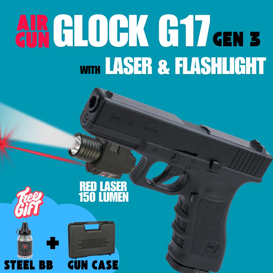 Air Gun Pistol Glock G17 Gen 3 with Laser & Flashlight Full Metal Body CO2 Blowback .177 cal | Free Gift (Holster,gun case & Steel BBS)